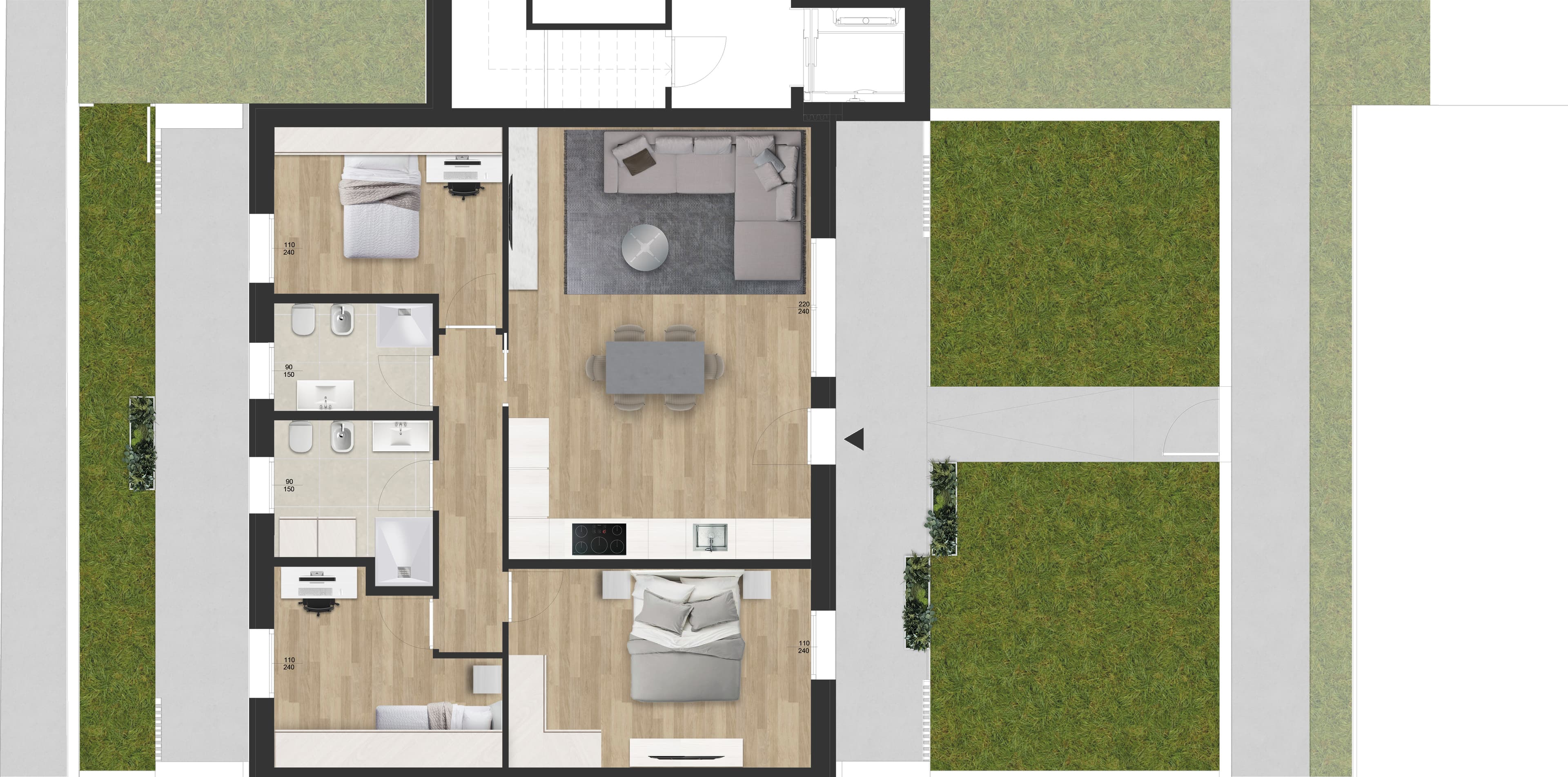 Planimetria 3 camere con giardino esclusivo